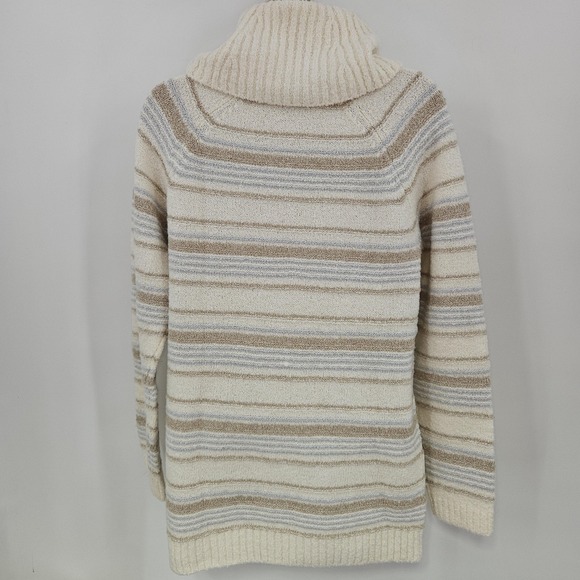 LL Bean Sweater Women M Cream Stripe Cowl Turtleneck Wool Blend Cozy Cabincore - Picture 3 of 11